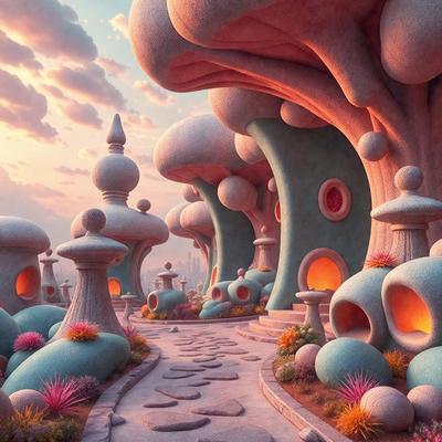 The primary subject of the image is a group of mushroom-shaped structures, which are part of a fantasy landscape. These structures are situated in a setting that includes a path, a rocky surface, and a sky background. The visual style of the image is digital art, which gives it a surreal and whimsical appearance. The dominant colors in the image are pink and purple, creating a warm and inviting atmosphere.